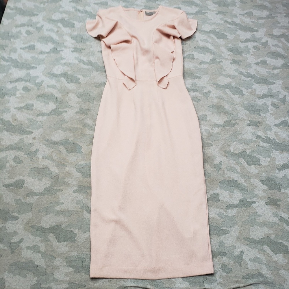 Asos Dress Womens 6 Pink Ruffle Bodycon Midi Elegant